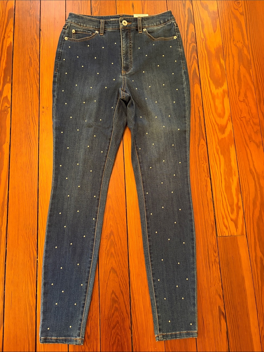 INC International Concepts Dark Blue Pearl-Embellished Skinny Jeans